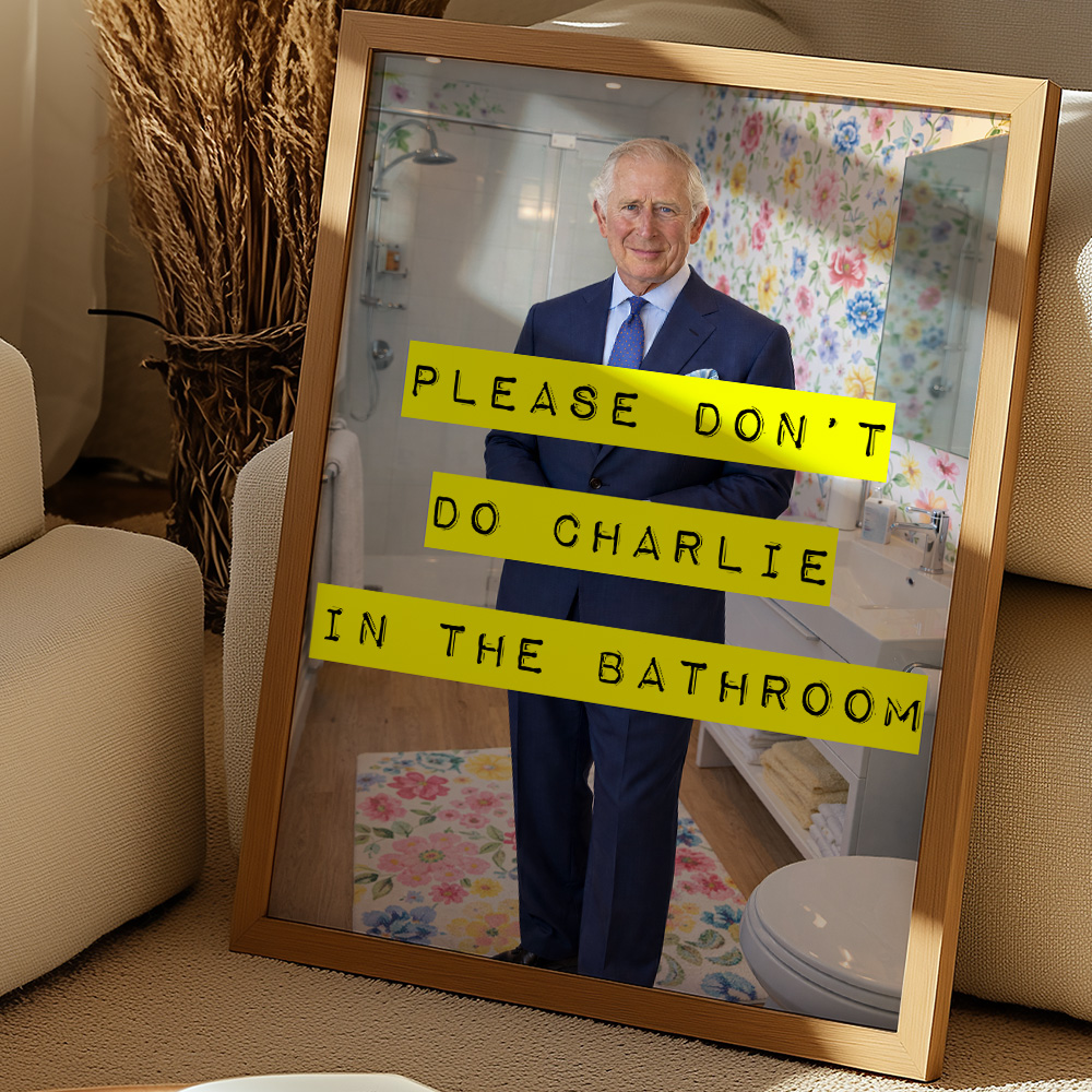 CHARLIE IN THE BATHROOM FUNNY POSTER YELLOW