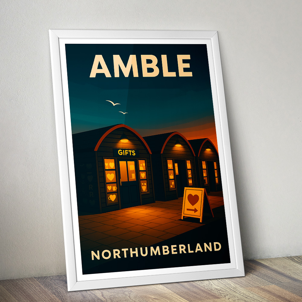 AMBLE HARBOUR VILLAGE AT NIGHT MINIMALIST TRAVEL POSTER NORTH EAST