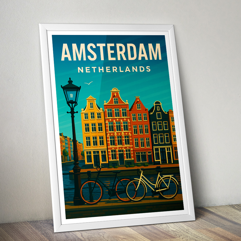 AMSTERDAM CANAL HOUSES AND BICYCLES MINIMALIST TRAVEL POSTER