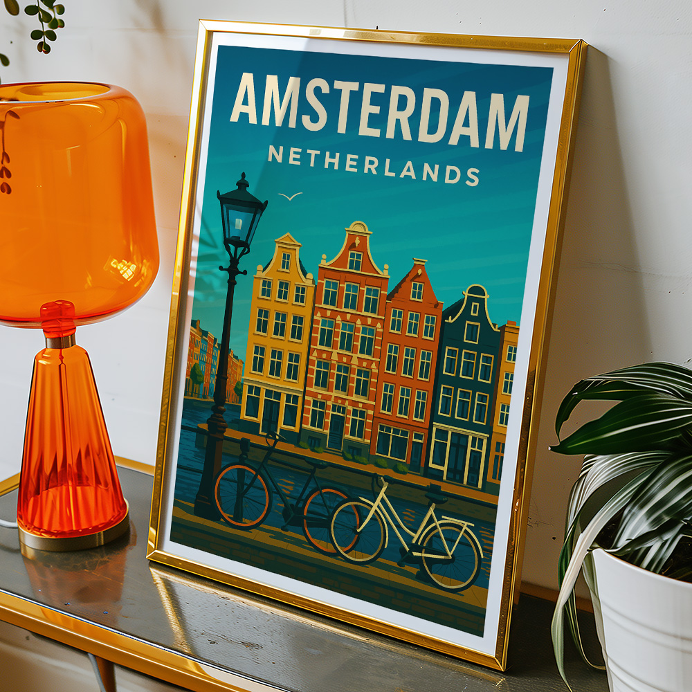 Alternative view of AMSTERDAM CANAL HOUSES AND BICYCLES MINIMALIST TRAVEL POSTER