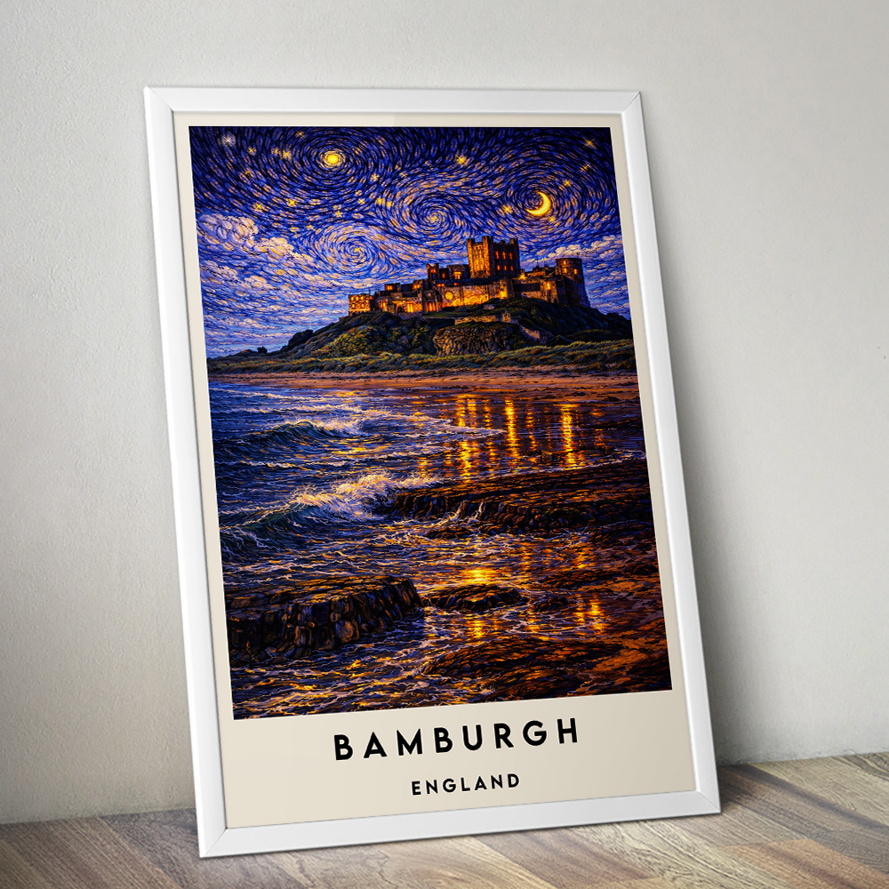 BAMBURGH CASTLE AT NIGHT VAN GOGH STYLE TRAVEL POSTER NORTH EAST