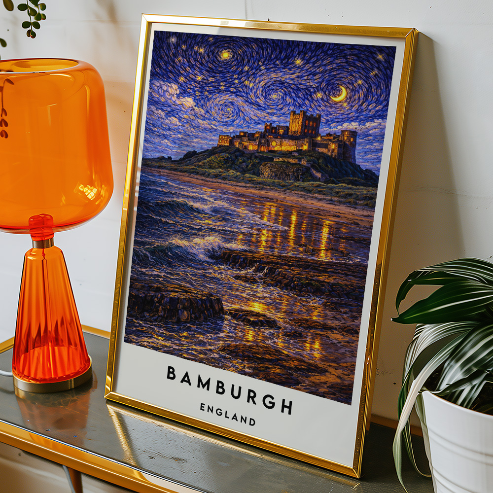Alternative view of BAMBURGH CASTLE AT NIGHT VAN GOGH STYLE TRAVEL POSTER NORTH EAST
