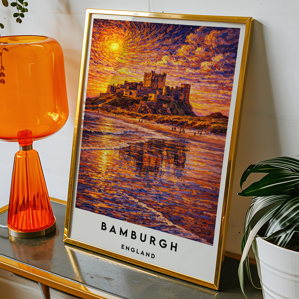 Alternative view of BAMBURGH CASTLE AT SUNSET VAN GOGH STYLE TRAVEL POSTER NORTH EAST