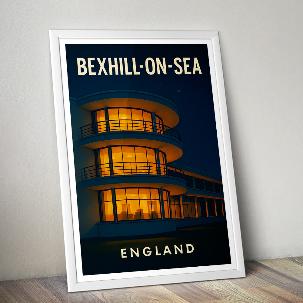 BEXHILL DE LA WARR PAVILION AT NIGHT MINIMALIST TRAVEL POSTER