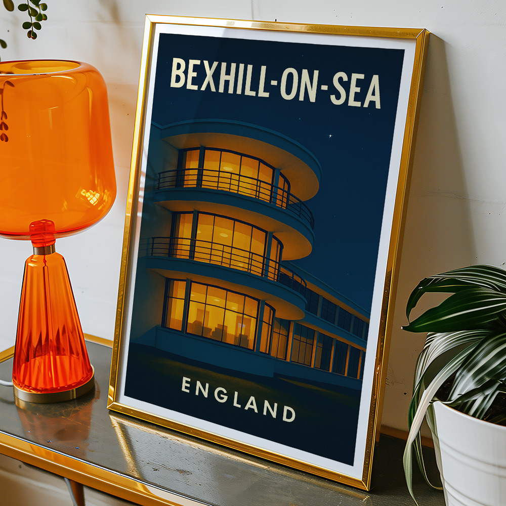Alternative view of BEXHILL DE LA WARR PAVILION AT NIGHT MINIMALIST TRAVEL POSTER