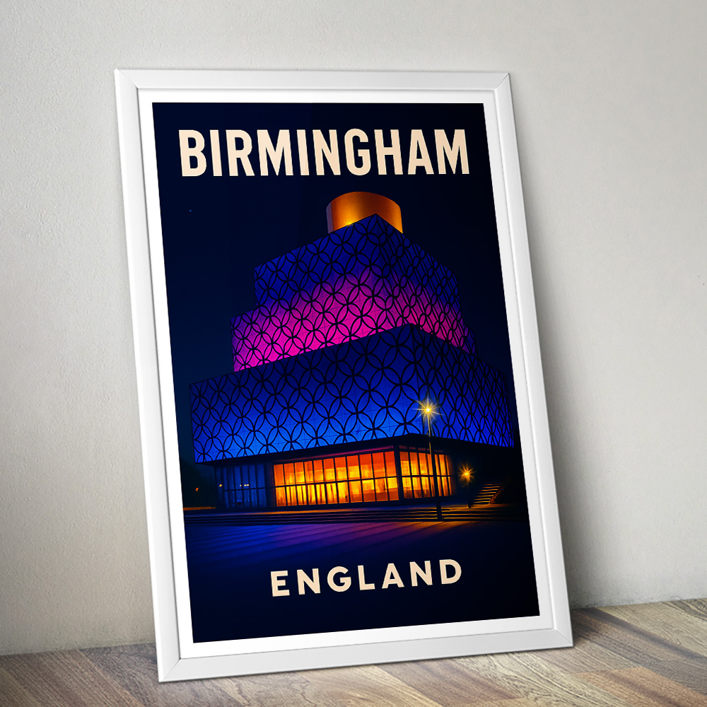 BIRMINGHAM LIBRARY AT NIGHT MINIMALIST TRAVEL POSTER