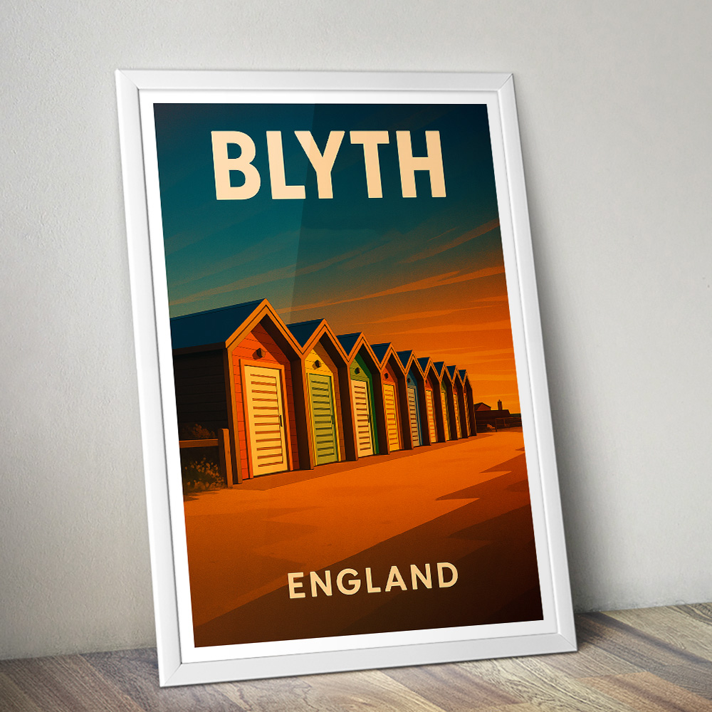 BLYTH BEACH HUTS AT SUNSET MINIMALIST TRAVEL POSTER NORTH EAST