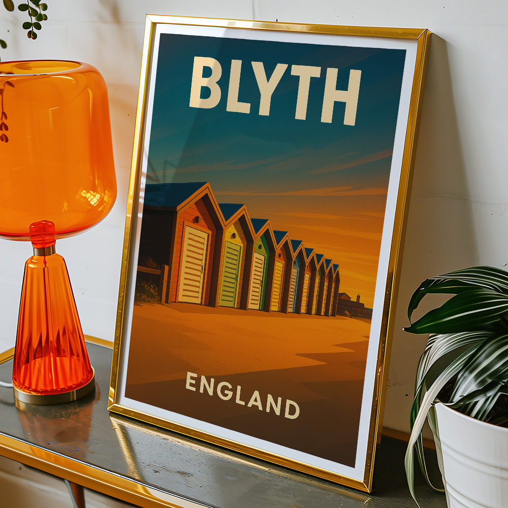 Alternative view of BLYTH BEACH HUTS AT SUNSET MINIMALIST TRAVEL POSTER NORTH EAST