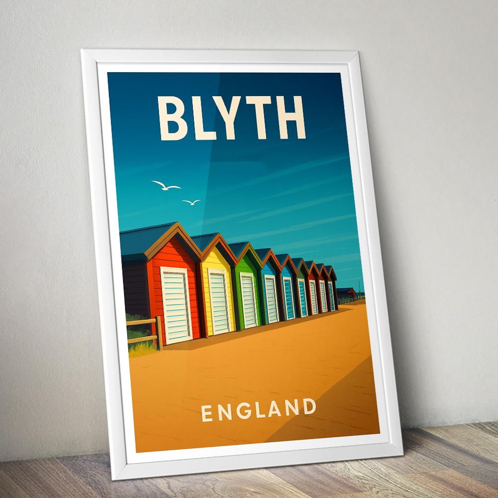 BLYTH BEACH HUTS ON A SUNNY DAY MINIMALIST TRAVEL POSTER NORTH EAST