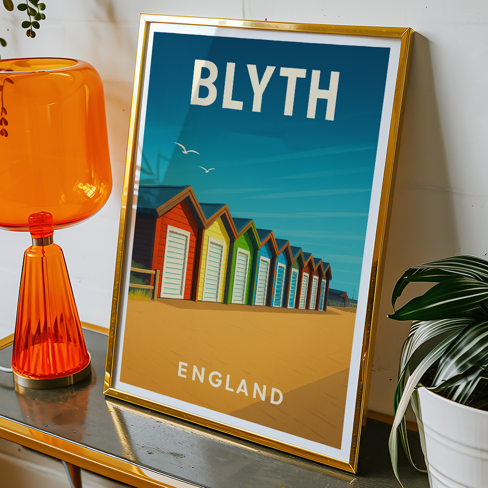 Alternative view of BLYTH BEACH HUTS ON A SUNNY DAY MINIMALIST TRAVEL POSTER NORTH EAST