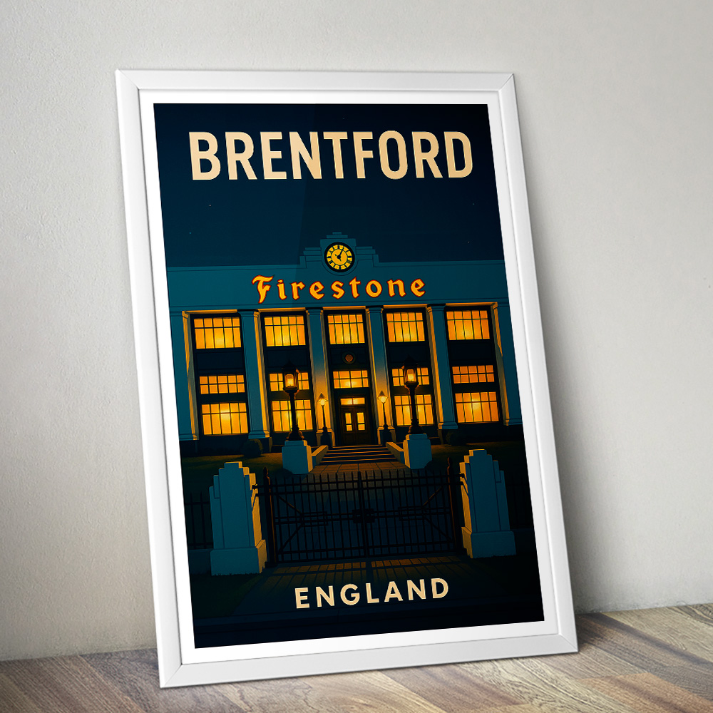 BRENTFORD FIRESTONE BUILDING AT NIGHT MINIMALIST TRAVEL POSTER