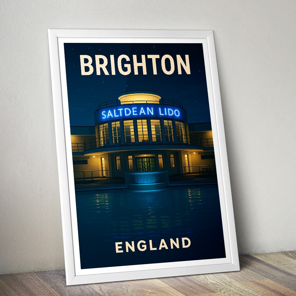 BRIGHTON SALTDEAN LIDO AT NIGHT MINIMALIST TRAVEL POSTER