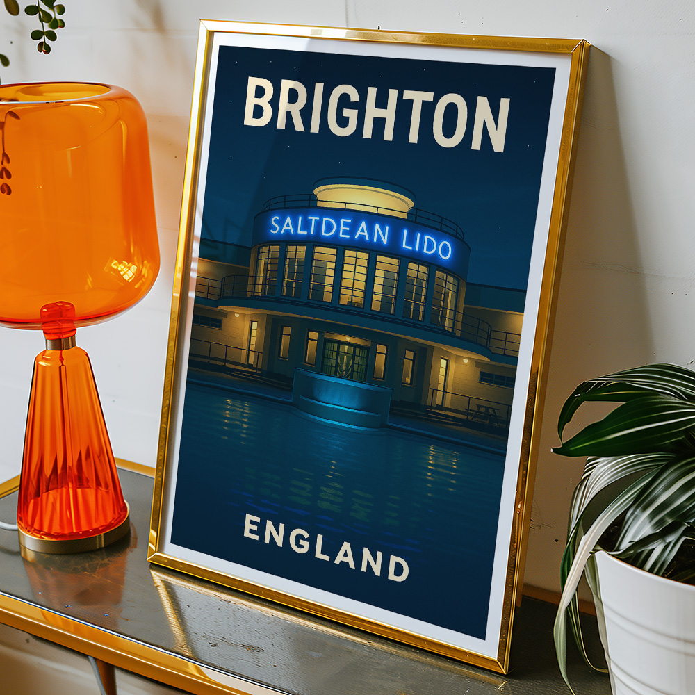 Alternative view of BRIGHTON SALTDEAN LIDO AT NIGHT MINIMALIST TRAVEL POSTER