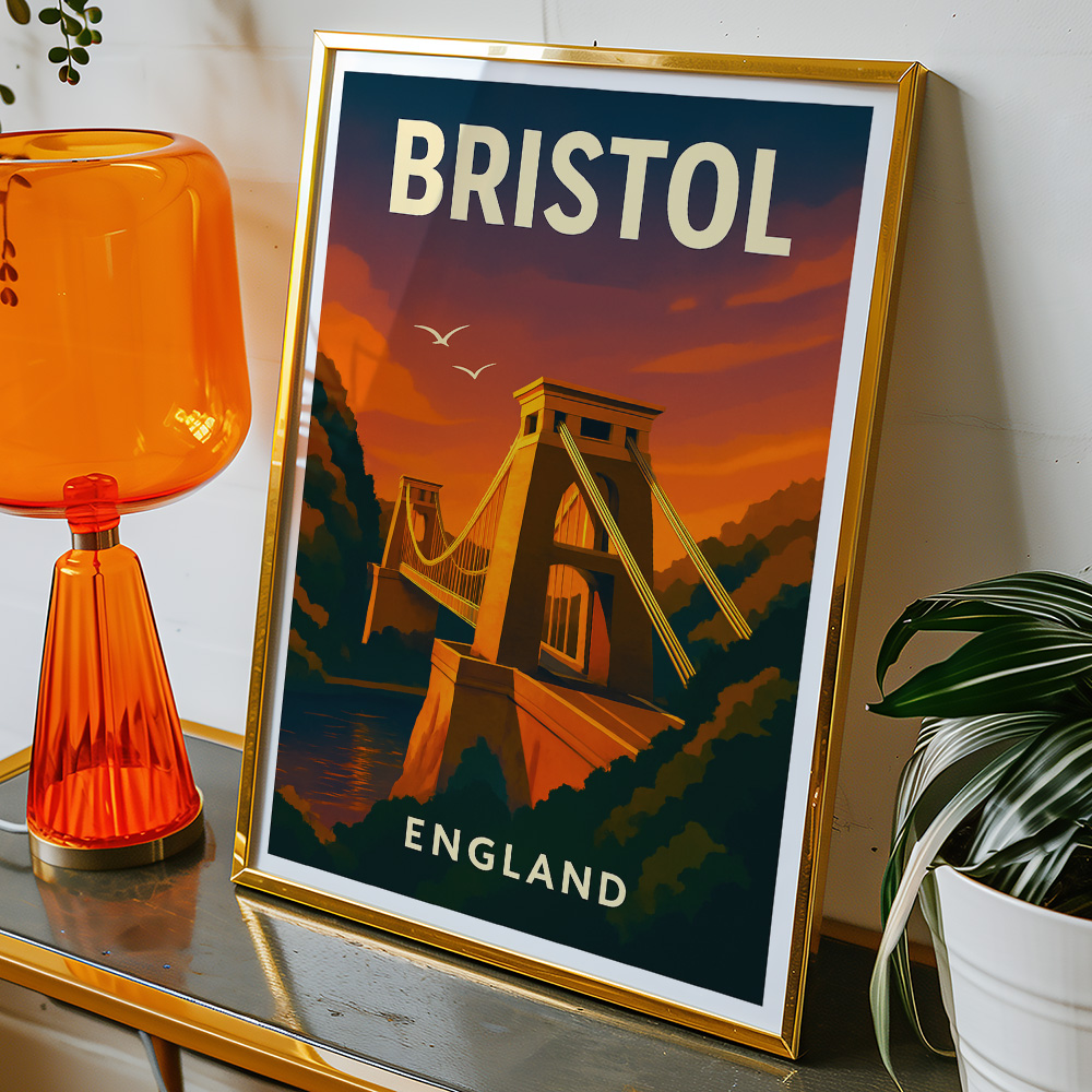 Alternative view of BRISTOL CLIFTON SUSPENSION BRIDGE AT SUNSET MINIMALIST TRAVEL POSTER