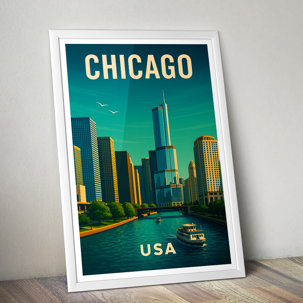 CHICAGO SKYLINE AND RIVER VIEW MINIMALIST TRAVEL POSTER