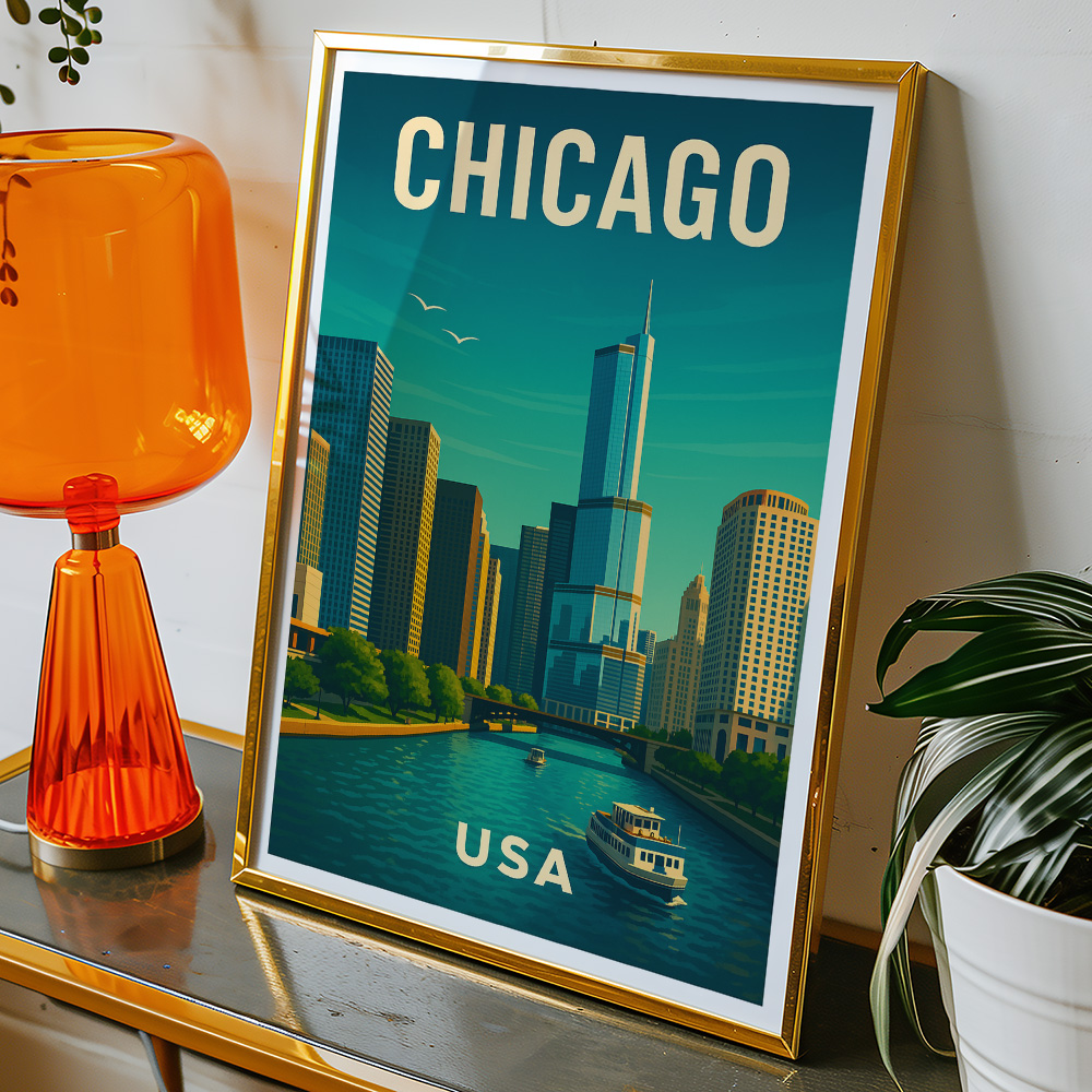 Alternative view of CHICAGO SKYLINE AND RIVER VIEW MINIMALIST TRAVEL POSTER