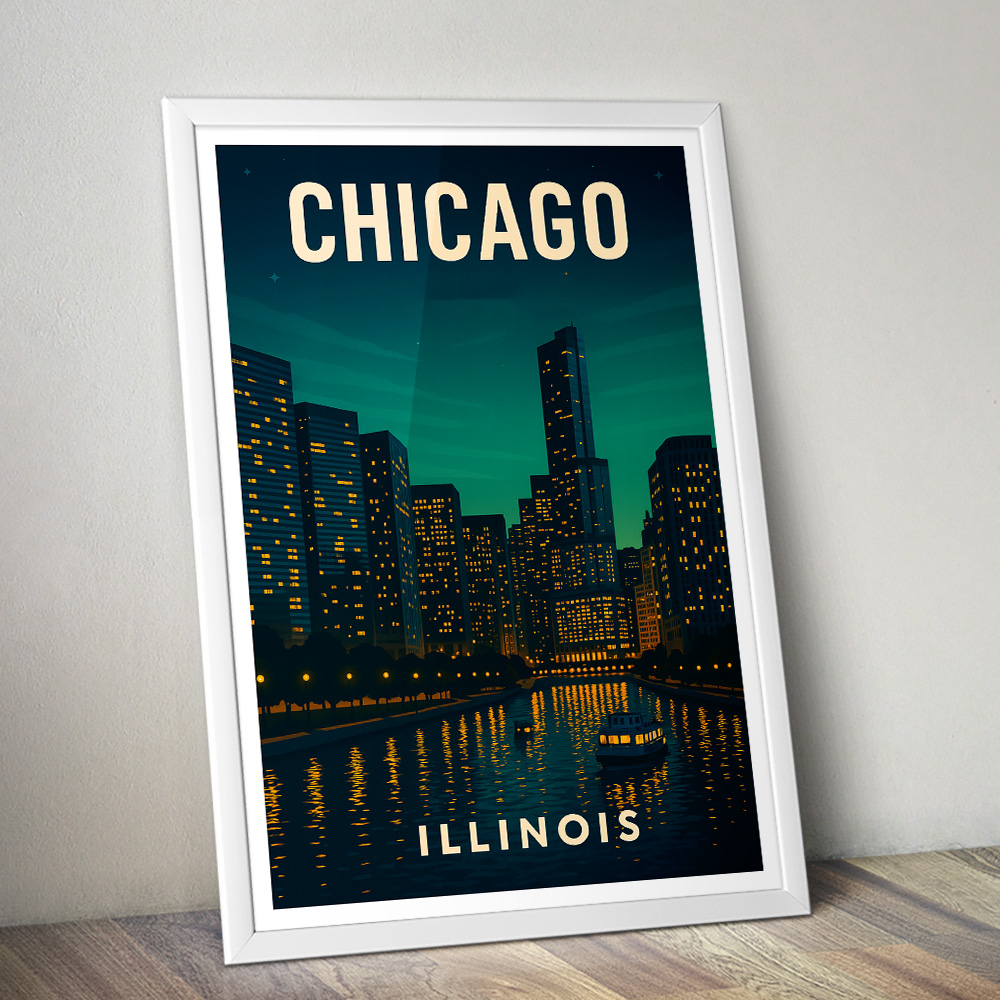 CHICAGO SKYLINE AT NIGHT MINIMALIST TRAVEL POSTER