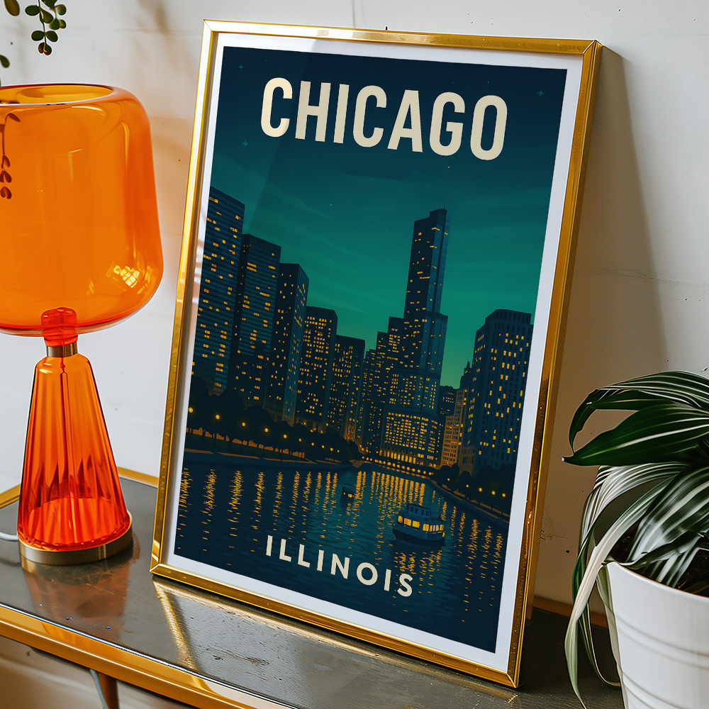 Alternative view of CHICAGO SKYLINE AT NIGHT MINIMALIST TRAVEL POSTER