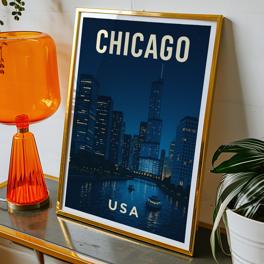 Alternative view of CHICAGO AT NIGHT MINIMALIST TRAVEL POSTER
