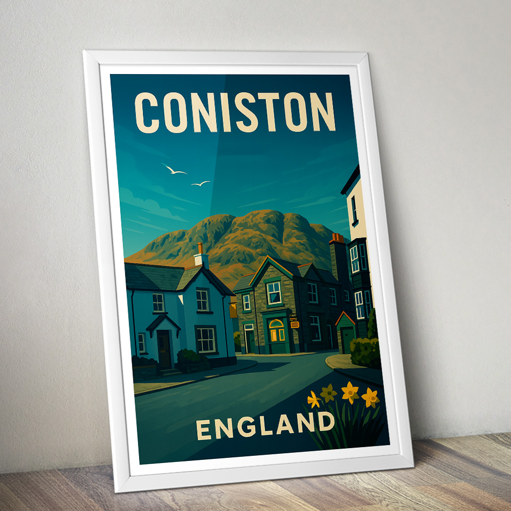 CONISTON VILLAGE LAKE DISTRICT MINIMALIST TRAVEL POSTER NORTH WEST