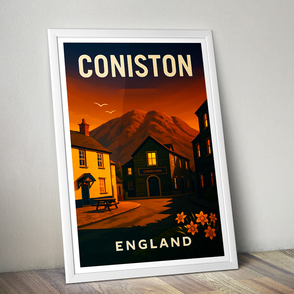 CONISTON VILLAGE LAKE DISTRICT AT SUNSET MINIMALIST TRAVEL POSTER