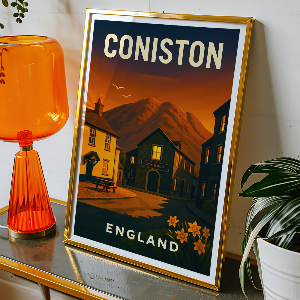 Alternative view of CONISTON VILLAGE LAKE DISTRICT AT SUNSET MINIMALIST TRAVEL POSTER