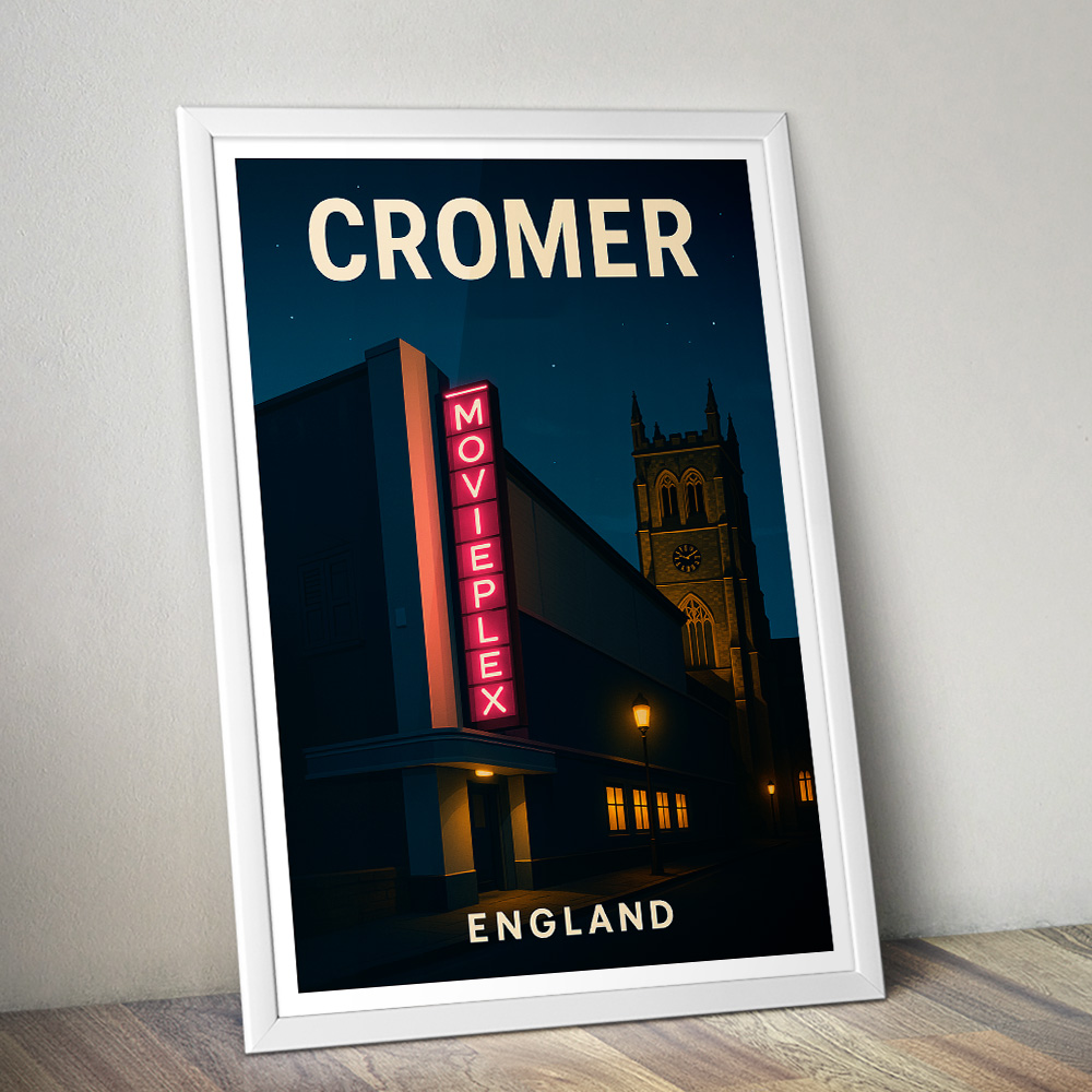 CROMER CINEMA AT NIGHT MINIMALIST TRAVEL POSTER