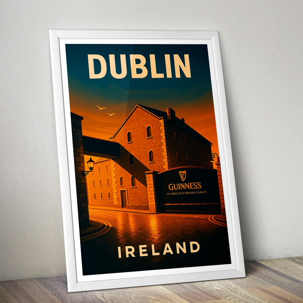 DUBLIN GUINNESS BREWERY AT SUNSET MINIMALIST TRAVEL POSTER IRELAND