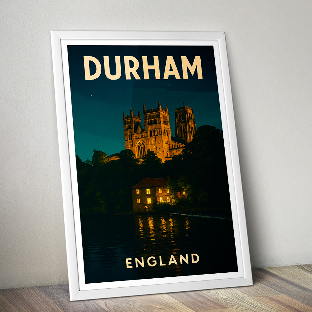 DURHAM CATHDERAL AND RIVER AT NIGHT MINIMALIST TRAVEL POSTER NORTH EAST