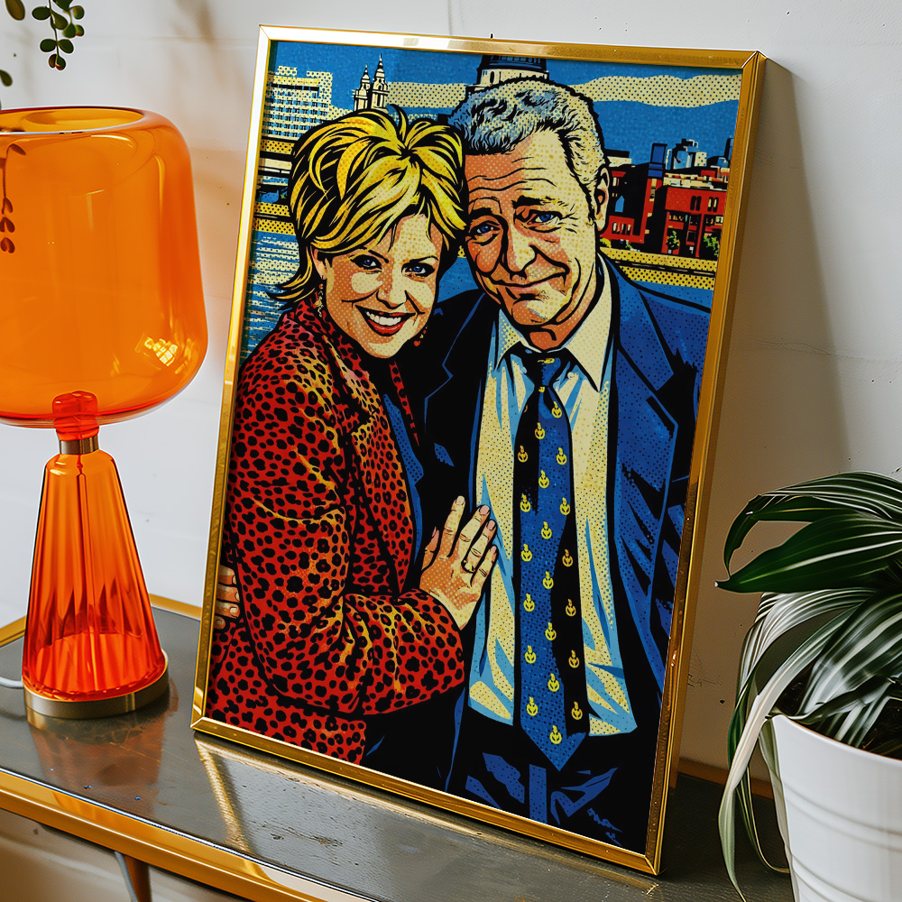 HOME AND AWAY DONALD FISHER AND MARILYN MAXIMALIST POP ART STYLE POSTER