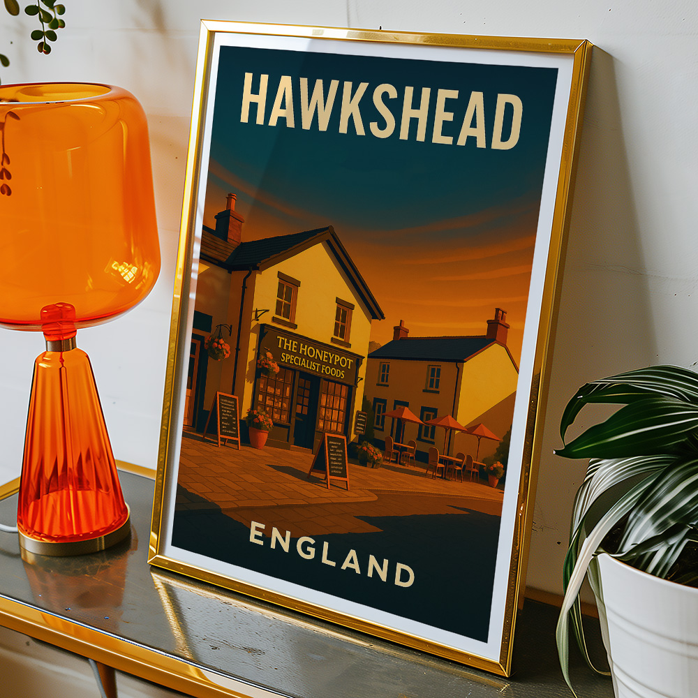 Alternative view of HAWKSHEAD LAKE DISTRICT AT SUNSET MINIMALIST TRAVEL POSTER NORTH WEST