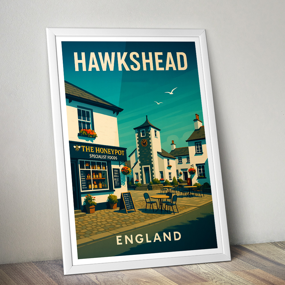 HAWKSHEAD VILLAGE LAKE DISTRICT MINIMALIST TRAVEL POSTER NORTH WEST