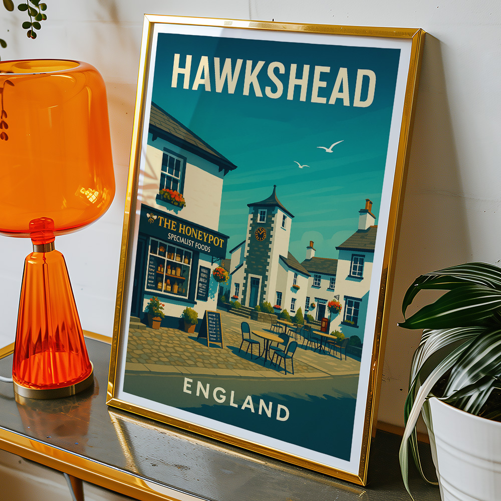 Alternative view of HAWKSHEAD VILLAGE LAKE DISTRICT MINIMALIST TRAVEL POSTER NORTH WEST