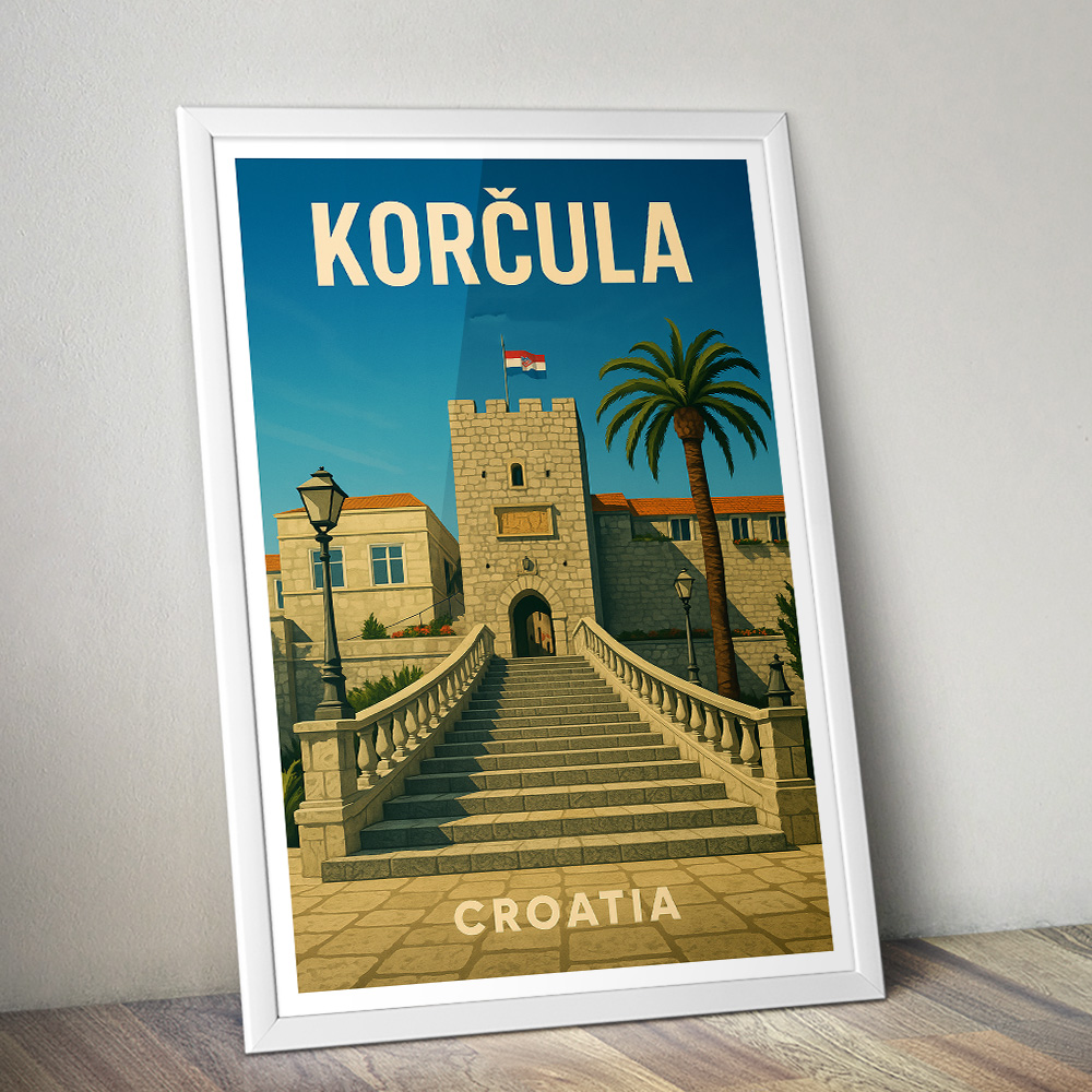 KORCULA FORTRESS AND GRAND STAIRCASE MINIMALIST TRAVEL POSTER