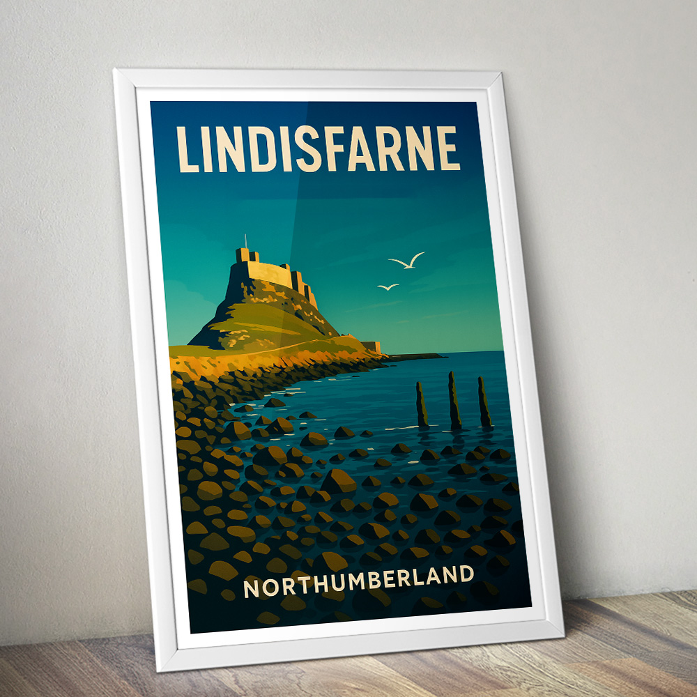 LINDISFARNE CASTLE AND SEASIDE VIEW MINIMALIST TRAVEL POSTER NORTH EAST