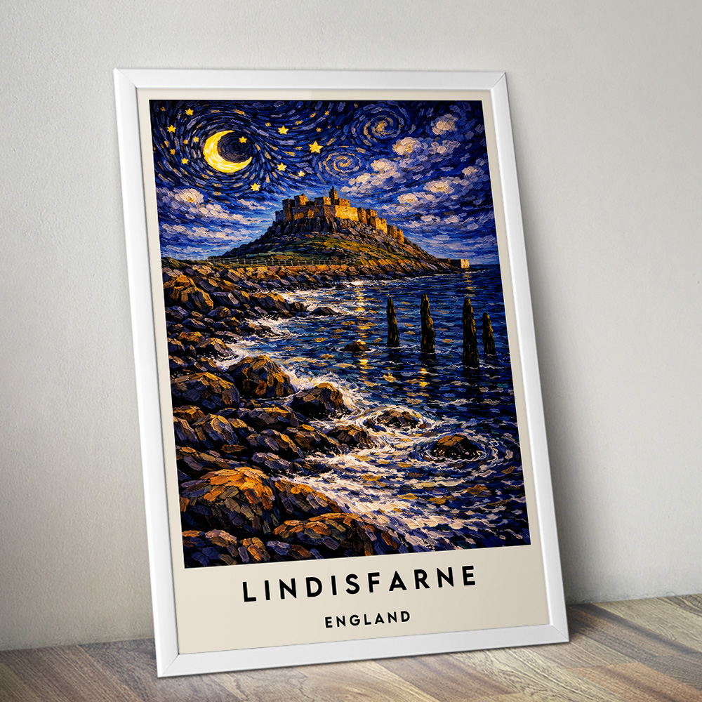 LINDISFARNE HOLY ISLAND AT NIGHT VAN GOGH STYLE TRAVEL POSTER NORTH EAST