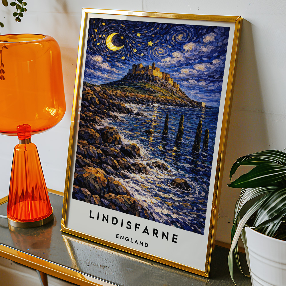 Alternative view of LINDISFARNE HOLY ISLAND AT NIGHT VAN GOGH STYLE TRAVEL POSTER NORTH EAST