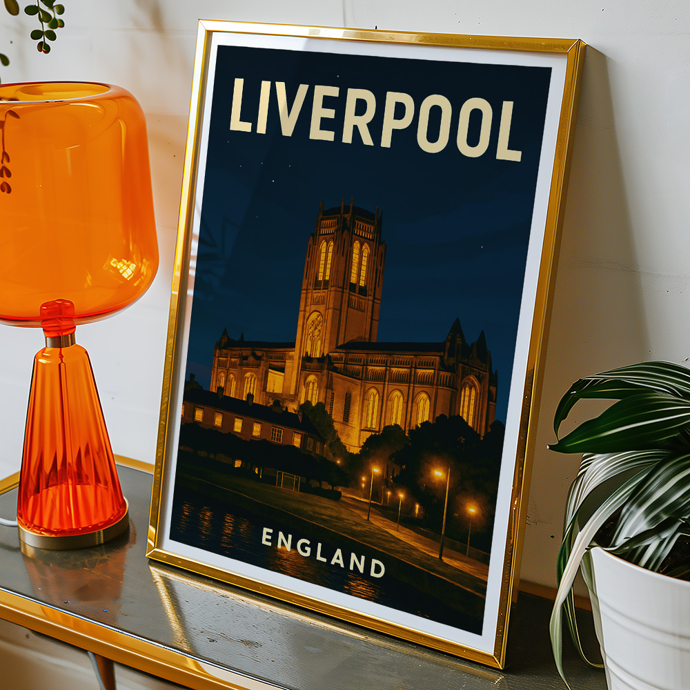 Alternative view of LIVERPOOL CATHEDRAL AT NIGHT MINIMALIST TRAVEL POSTER NORTH WEST
