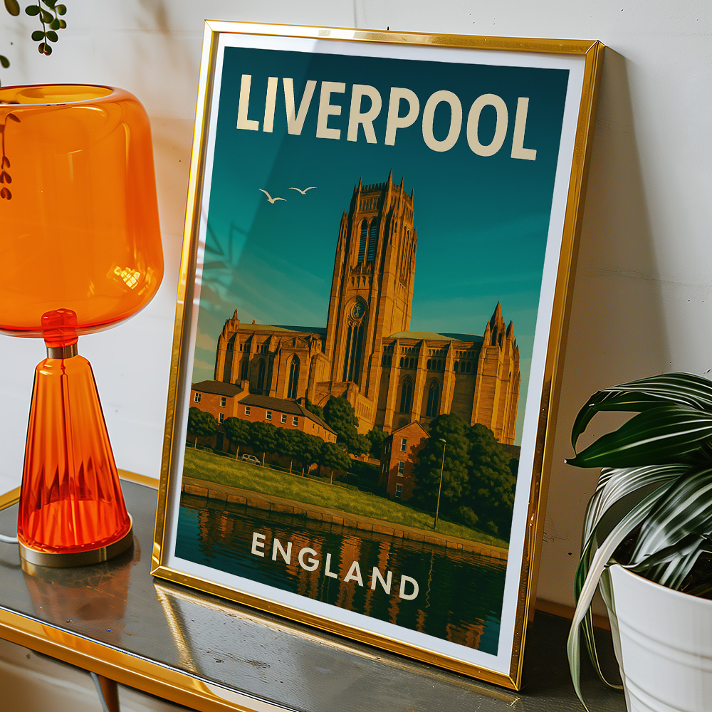 Alternative view of LIVERPOOL CATHEDRAL AT SUNSET MINIMALIST TRAVEL POSTER NORTH WEST