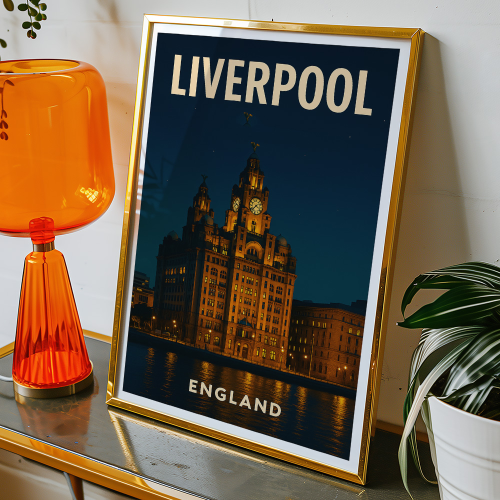 Alternative view of LIVERPOOL LIVER BUILDING AT NIGHT MINIMALIST TRAVEL POSTER NORTH WEST