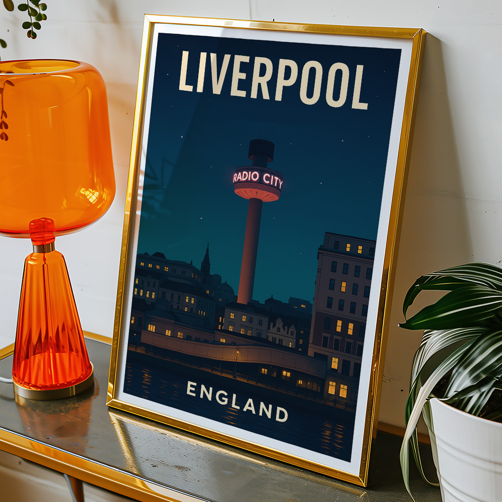 Alternative view of LIVERPOOL RADIO CITY TOWER AT NIGHT MINIMALIST TRAVEL POSTER NORTH WEST