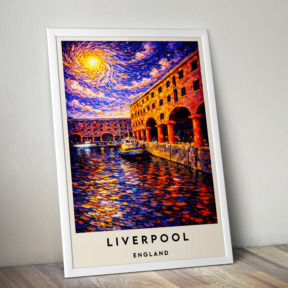 LIVERPOOL ROYAL ALBERT DOCK GOLDEN HOUR VAN GOGH STYLE TRAVEL POSTER NORTH WEST