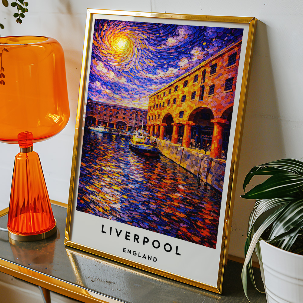 Alternative view of LIVERPOOL ROYAL ALBERT DOCK GOLDEN HOUR VAN GOGH STYLE TRAVEL POSTER NORTH WEST