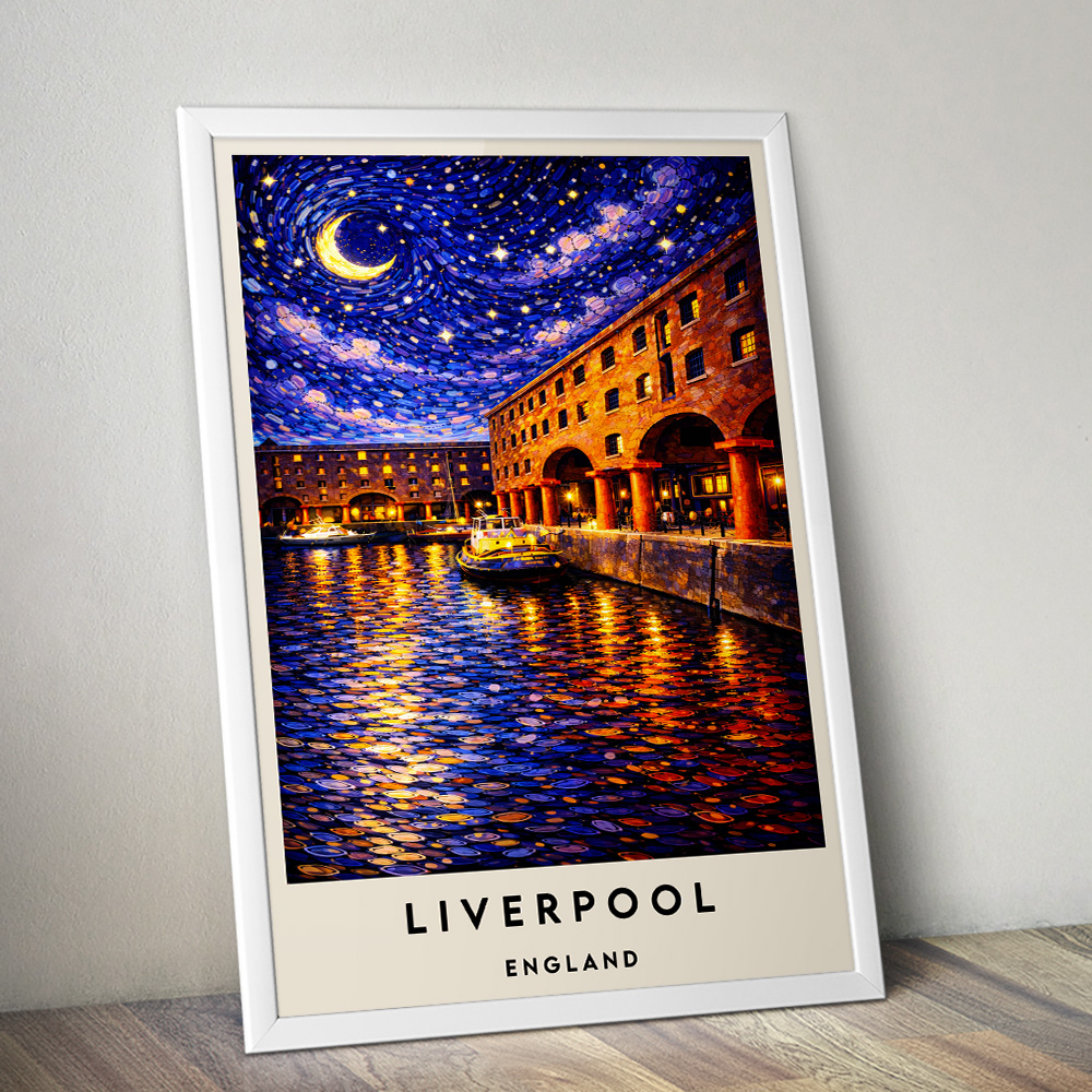 LIVERPOOL ROYAL ALBERT DOCK AT NIGHT VAN GOGH STYLE TRAVEL POSTER NORTH WEST