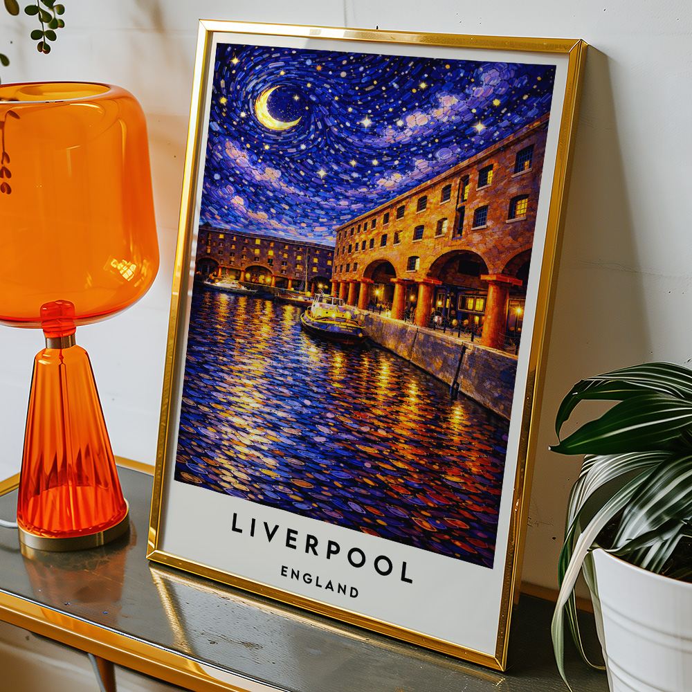 Alternative view of LIVERPOOL ROYAL ALBERT DOCK AT NIGHT VAN GOGH STYLE TRAVEL POSTER NORTH WEST