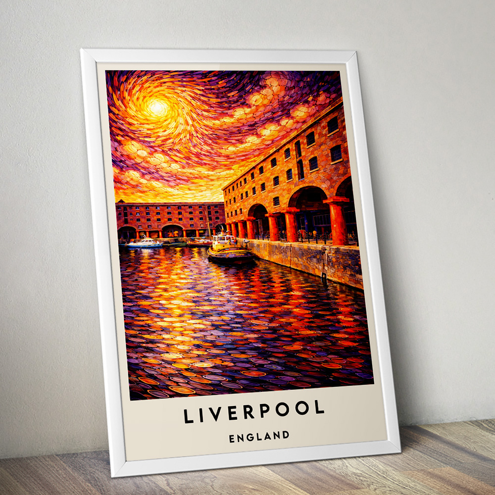 LIVERPOOL ROYAL ALBERT DOCK AT SUNSET VAN GOGH STYLE TRAVEL POSTER NORTH WEST