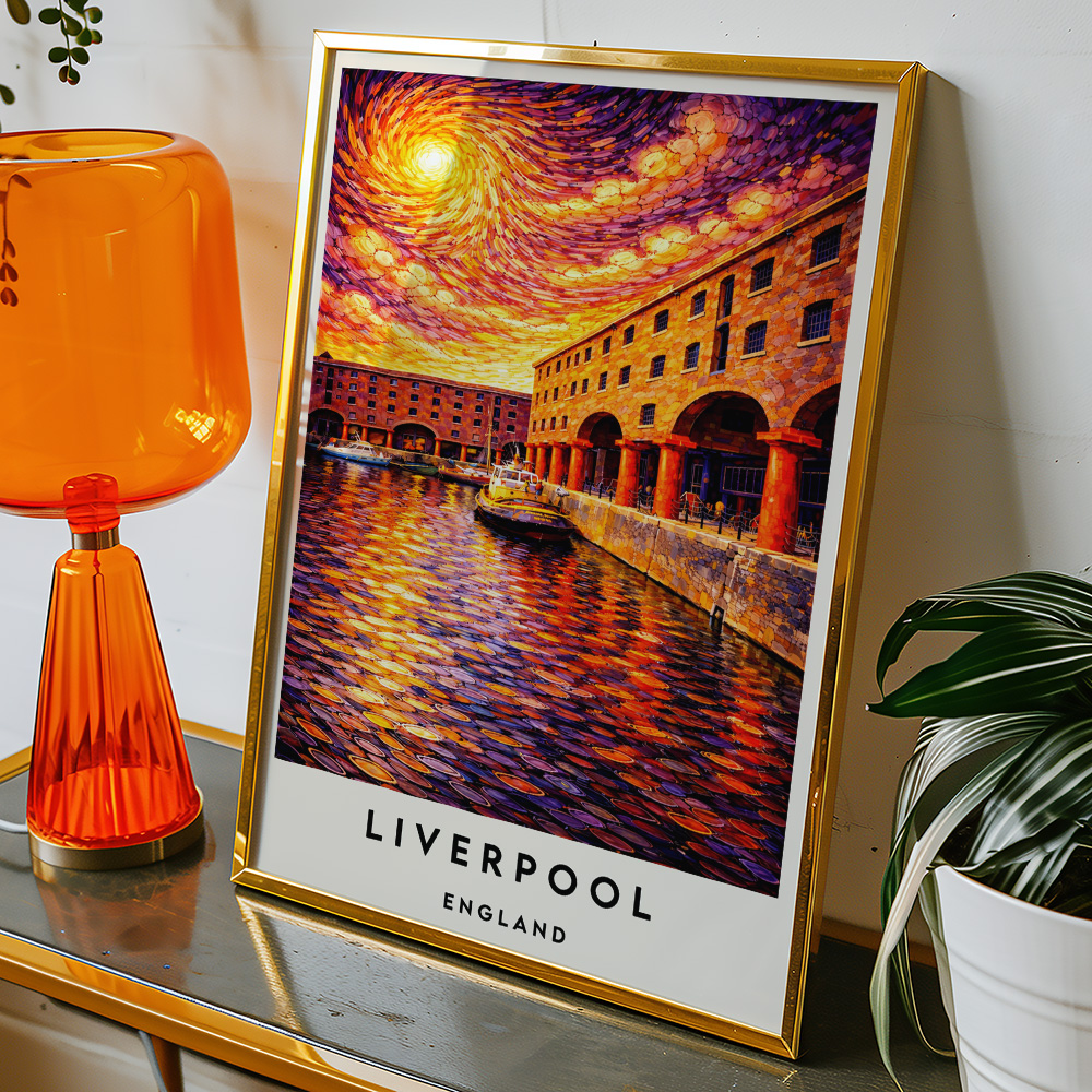 Alternative view of LIVERPOOL ROYAL ALBERT DOCK AT SUNSET VAN GOGH STYLE TRAVEL POSTER NORTH WEST
