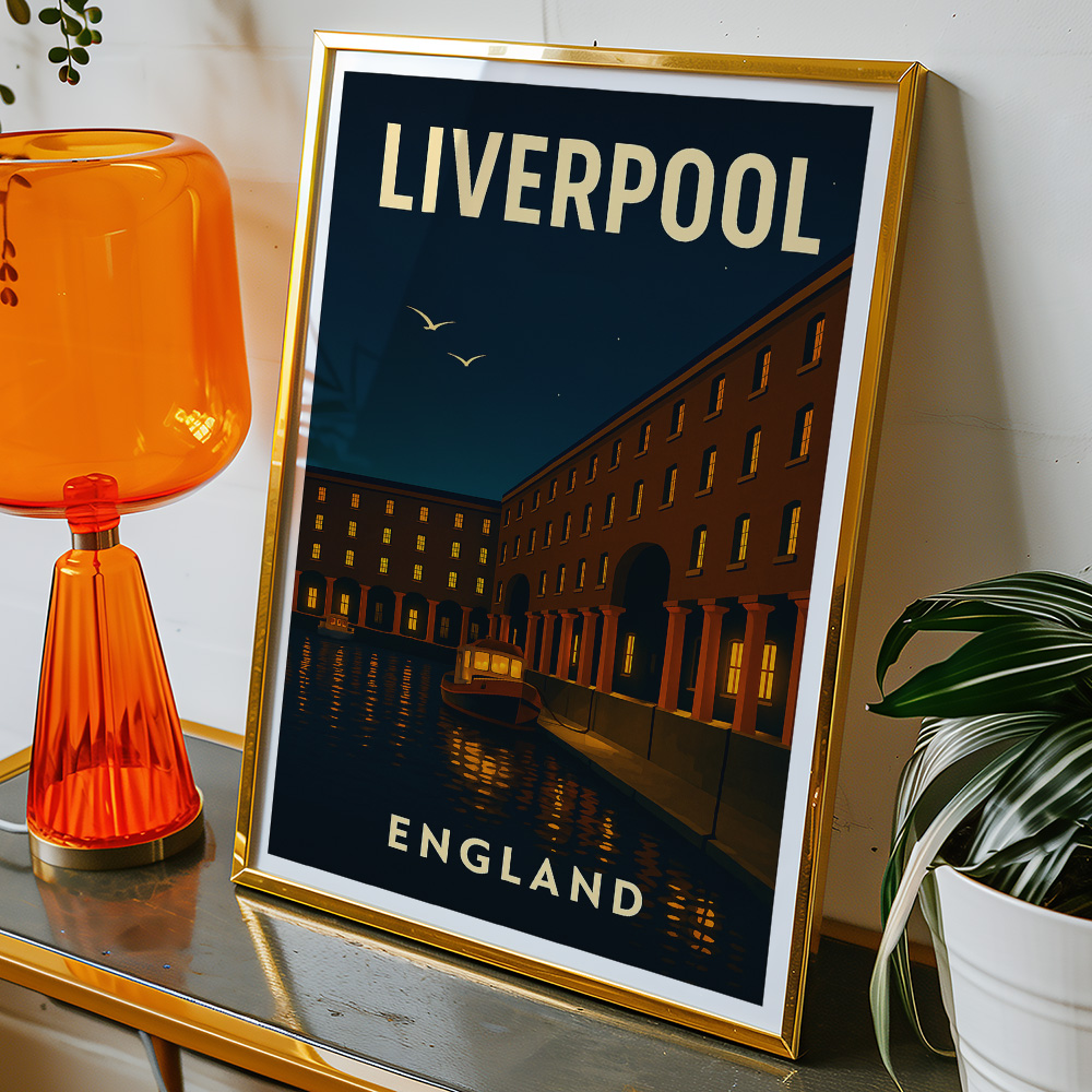 Alternative view of LIVERPOOL WATERFRONT BY NIGHT MINIMALIST TRAVEL POSTER NORTH WEST