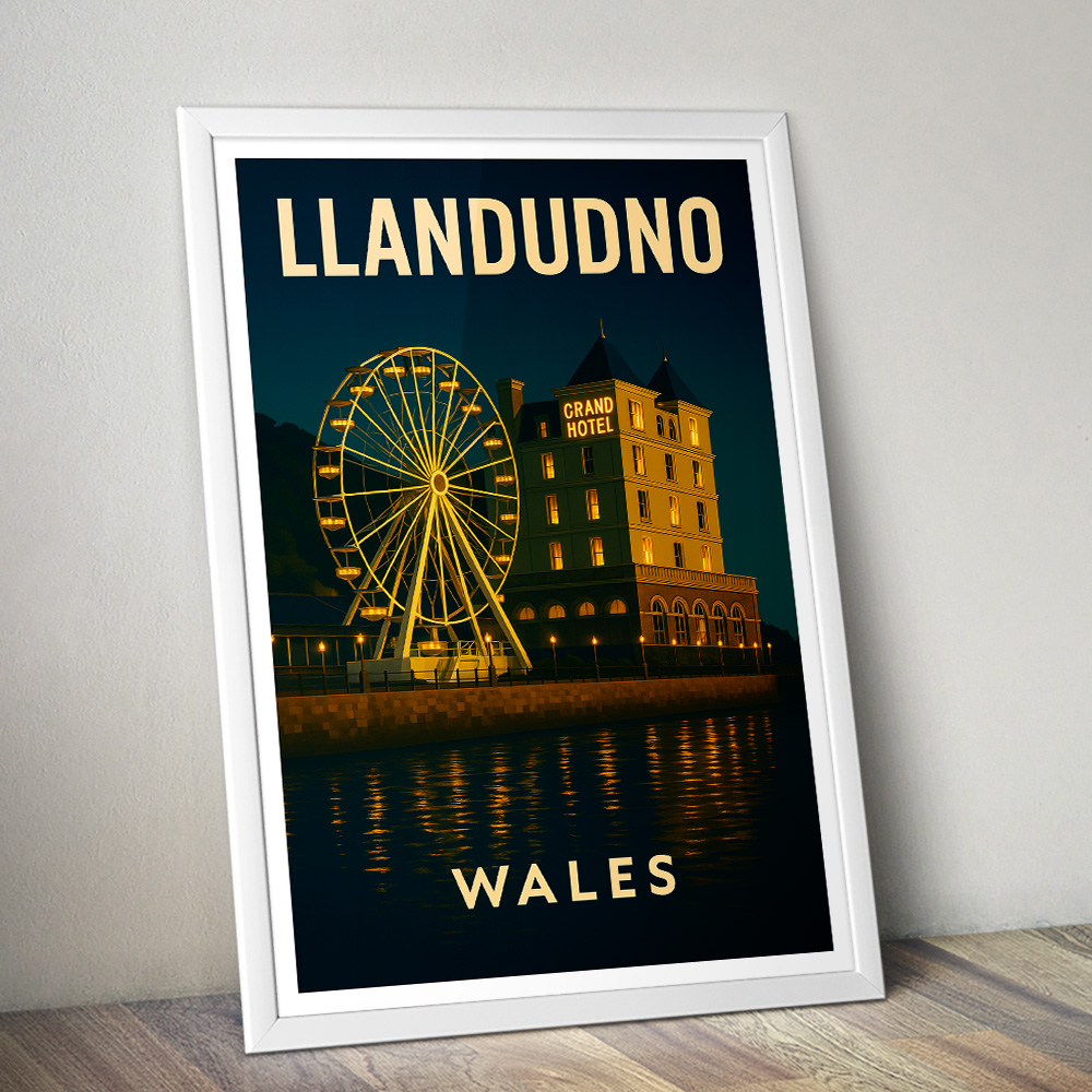 LLANDUDNO SEAFRONT AT NIGHT MINIMALIST TRAVEL POSTER WALES