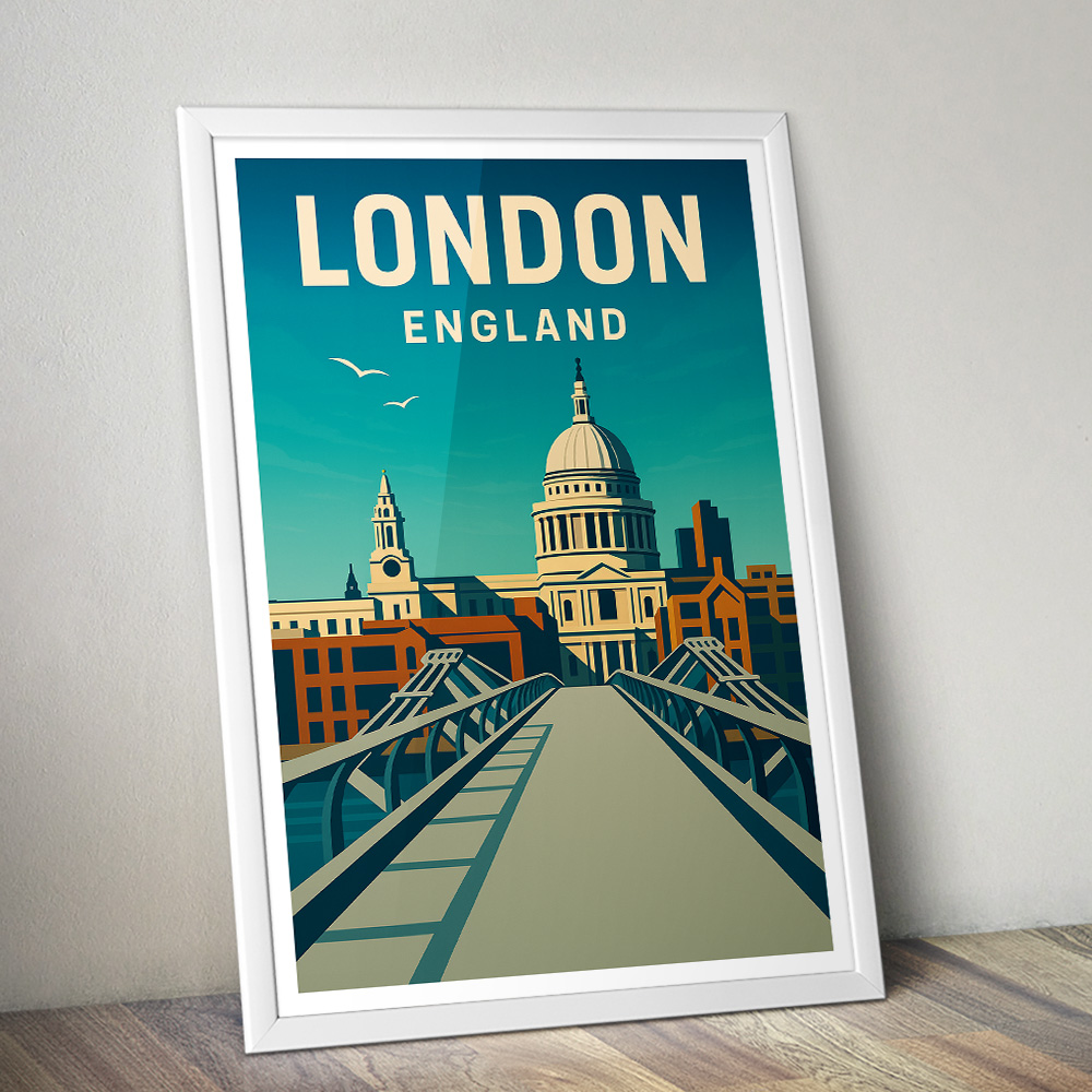 LONDON ST PAULS AND MILLENNIUM BRIDGE MINIMALIST TRAVEL POSTER